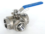 Three way ball valve PN63 DN 50 with L-plug BSP 2" female thread, sealing PTFE with ISO-5211 Top Flange F05 with handlever material: stainless steel