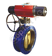 Double flanged butterfly valve DN 500 with single acting pneumatic actuator with manual emergency hand operation by intermediate gear box with 2 limit switches open/close NBR vulcanised to the seatring (back seated), GGG 40.3 / AlBz / stainless steel