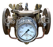 Grobfilter mit Flanschen DIN 87151 Durchgangsform mit Differenzdruckmanometer mit Entwässerungsventil mit Entwässerungsstopfen, mit glatten Flanschen, Material: Rg 5 / CuNiFe