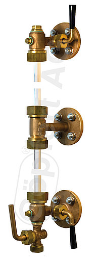 Vloeistofniveau-indicator van brons bestaande uit bovendeel met afsluiter, glashouder en onderdeel met afsluiter en aftapkraan DIN 87020 vorm A