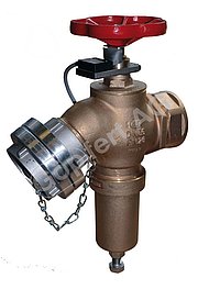 Fire hydrant reducing valve bib-nose 30° with stop type 09/05 with limit switch for position: "CLOSE", inlet: R 2 1/2" female swivel,  outlet: Storz 65 adapter and blind cap with chain
